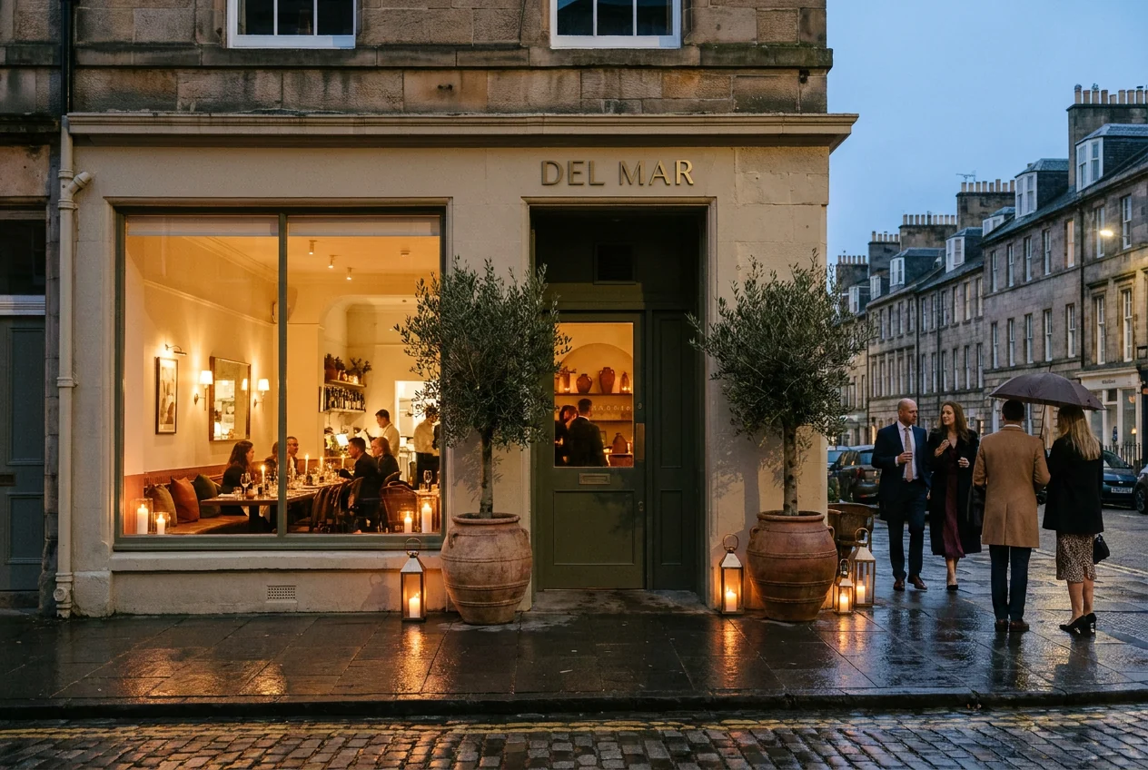 A warmly lit Del Mar restaurant exterior on an Edinburgh evening