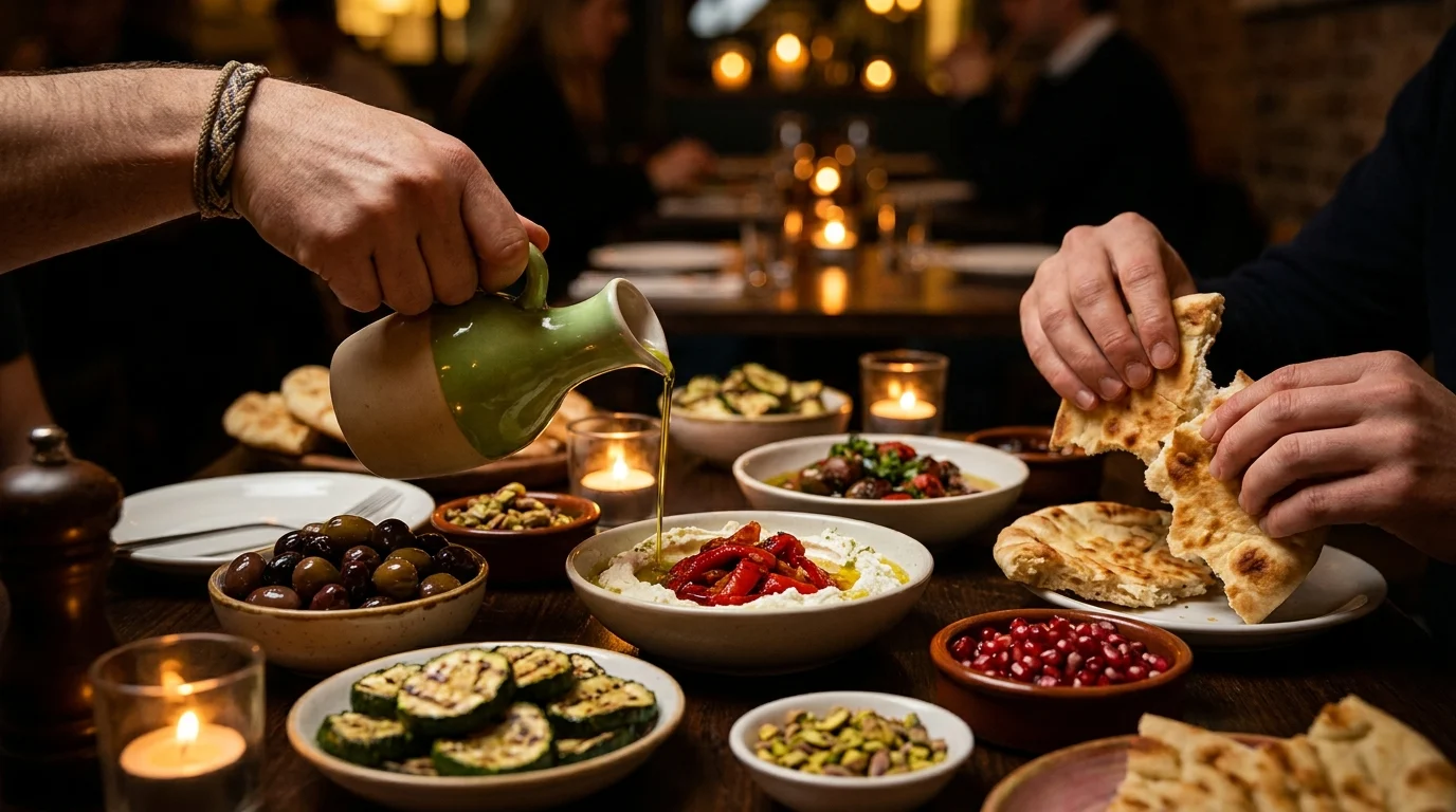 Warm flatbread, olives and whipped feta shared around the table