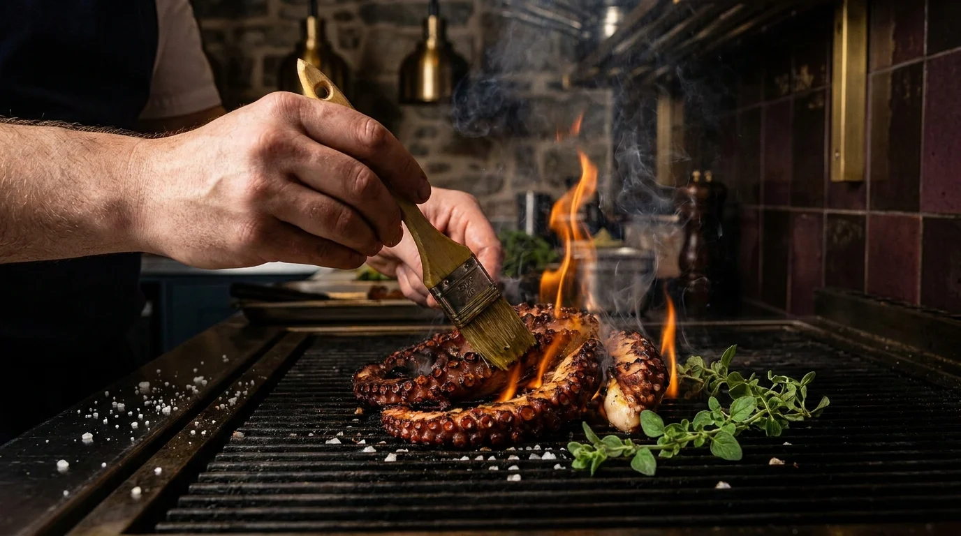 Octopus charring over flame with sea salt and oregano