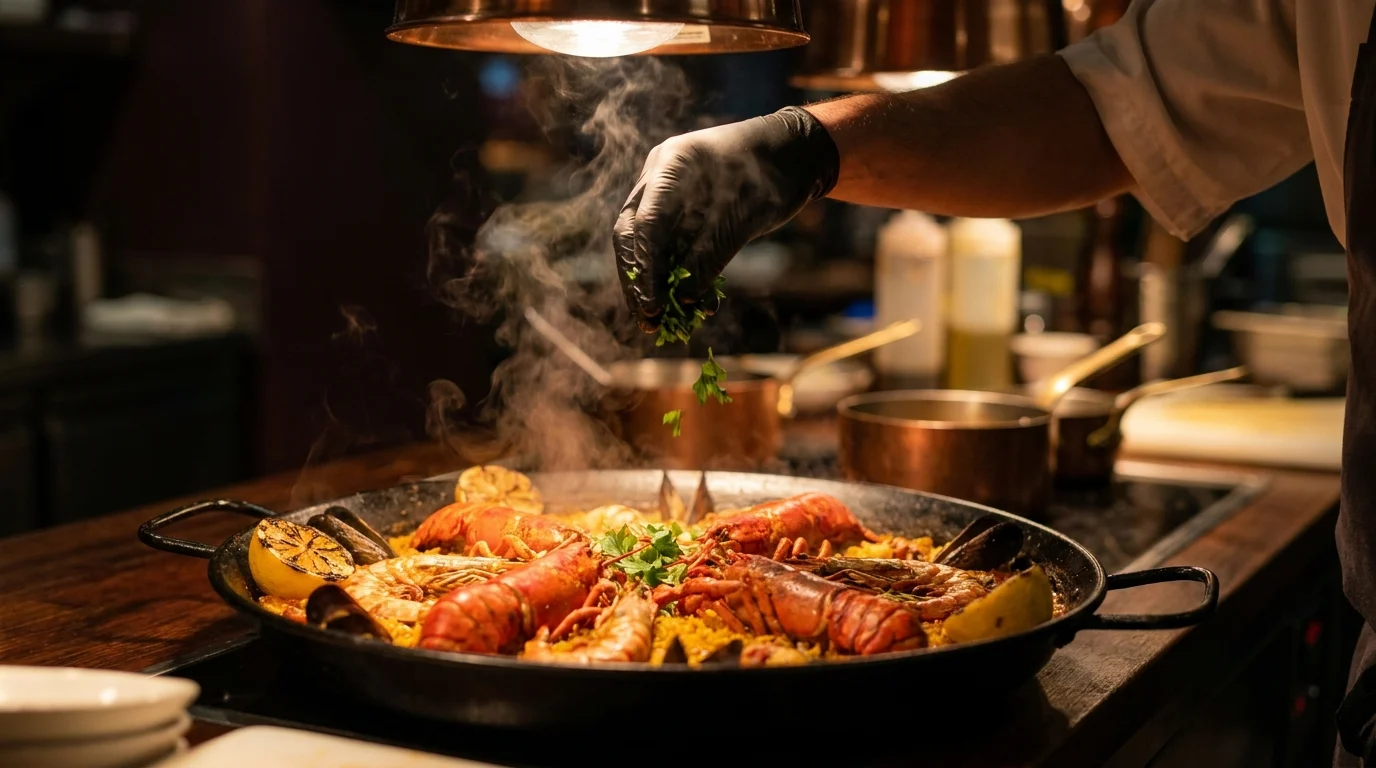 Lobster paella bubbling in the pan as a chef adds herbs
