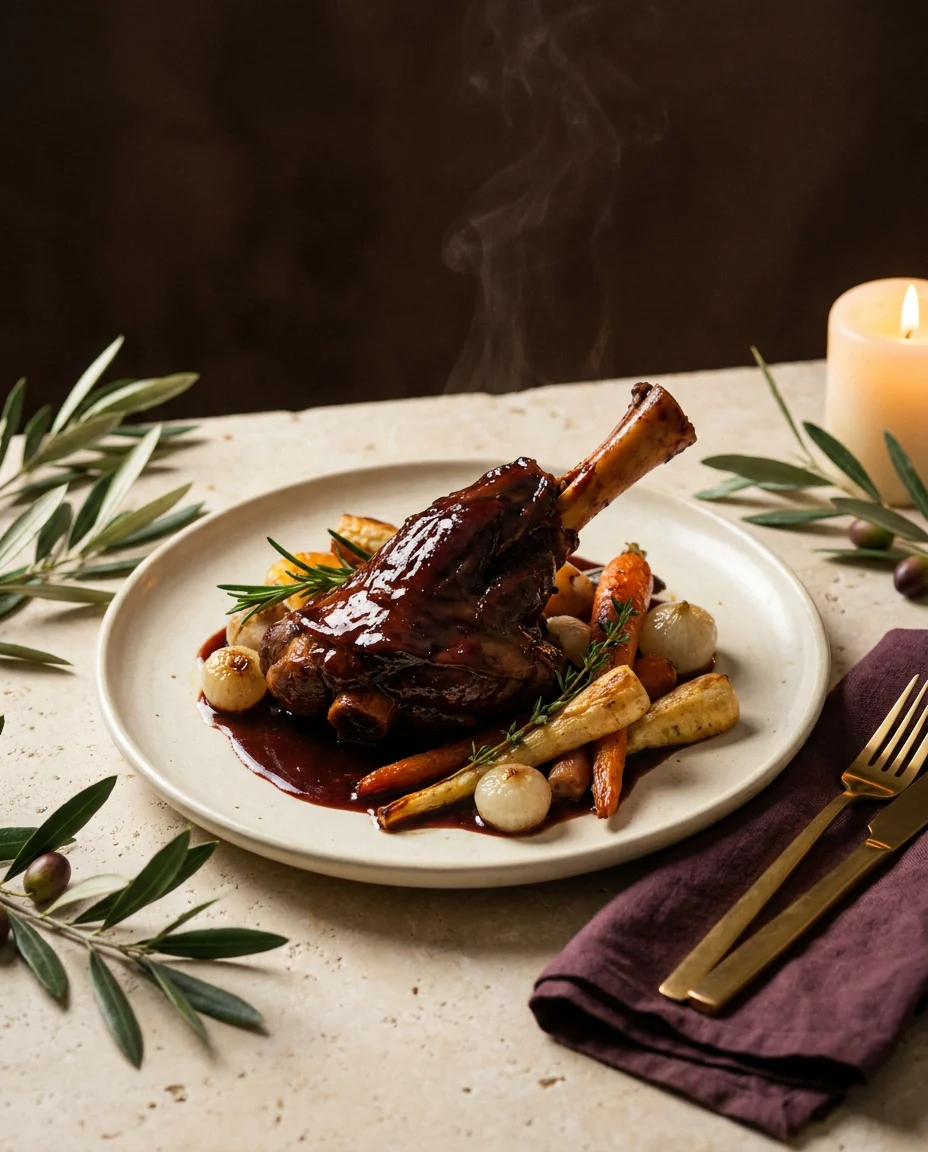 Slow-cooked lamb with herbs and roasted roots