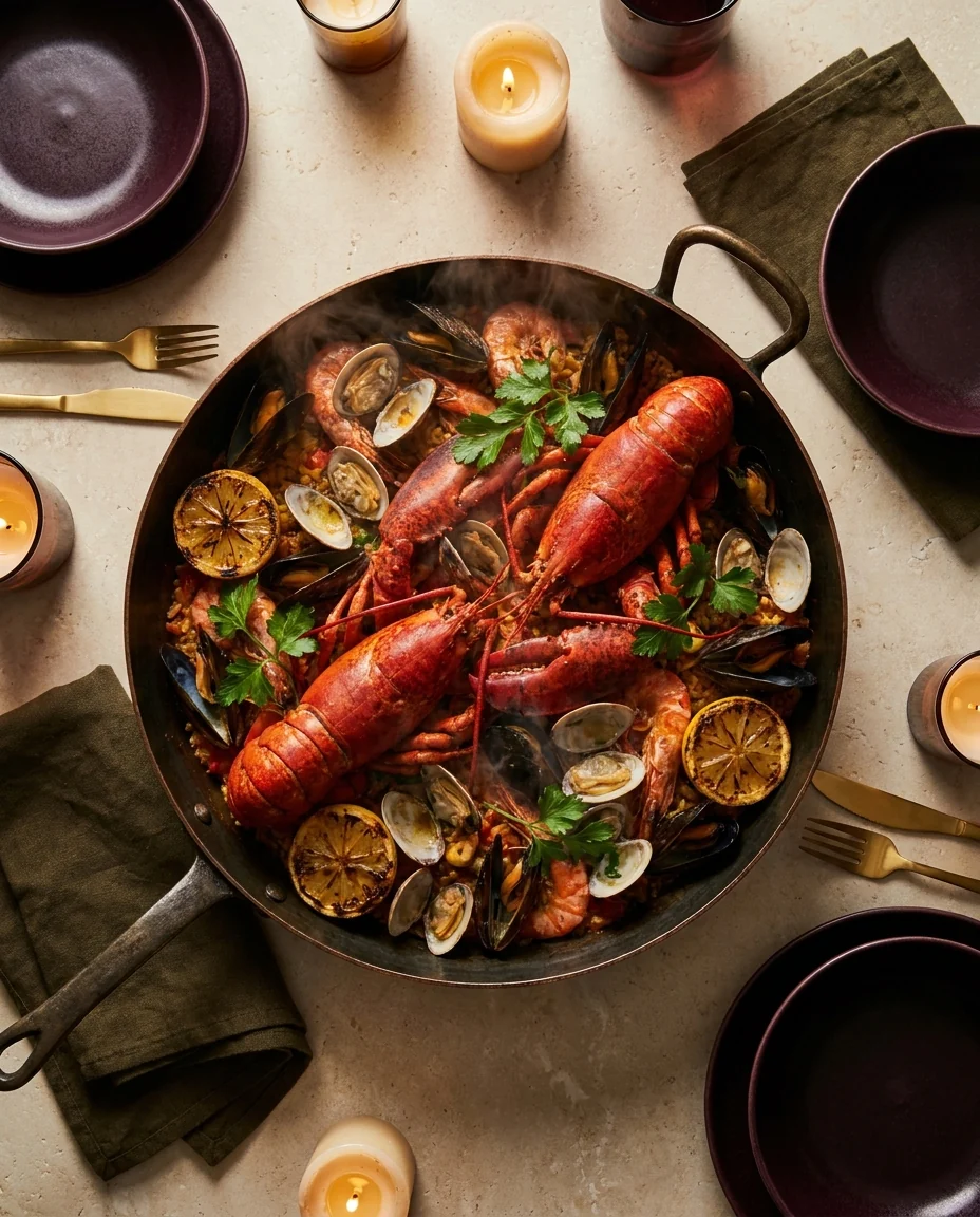 A copper pan of Del Mar lobster paella