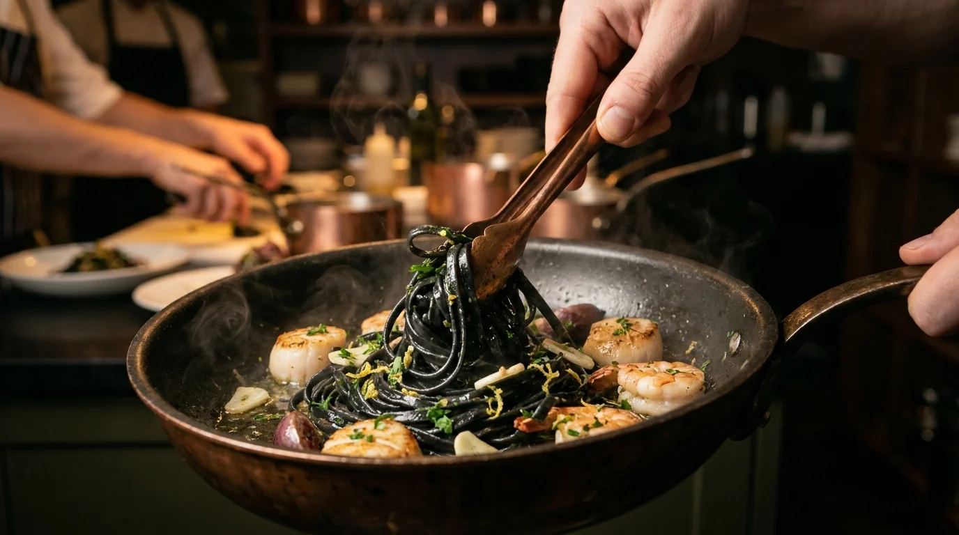 Squid ink linguine being tossed with scallops and prawns