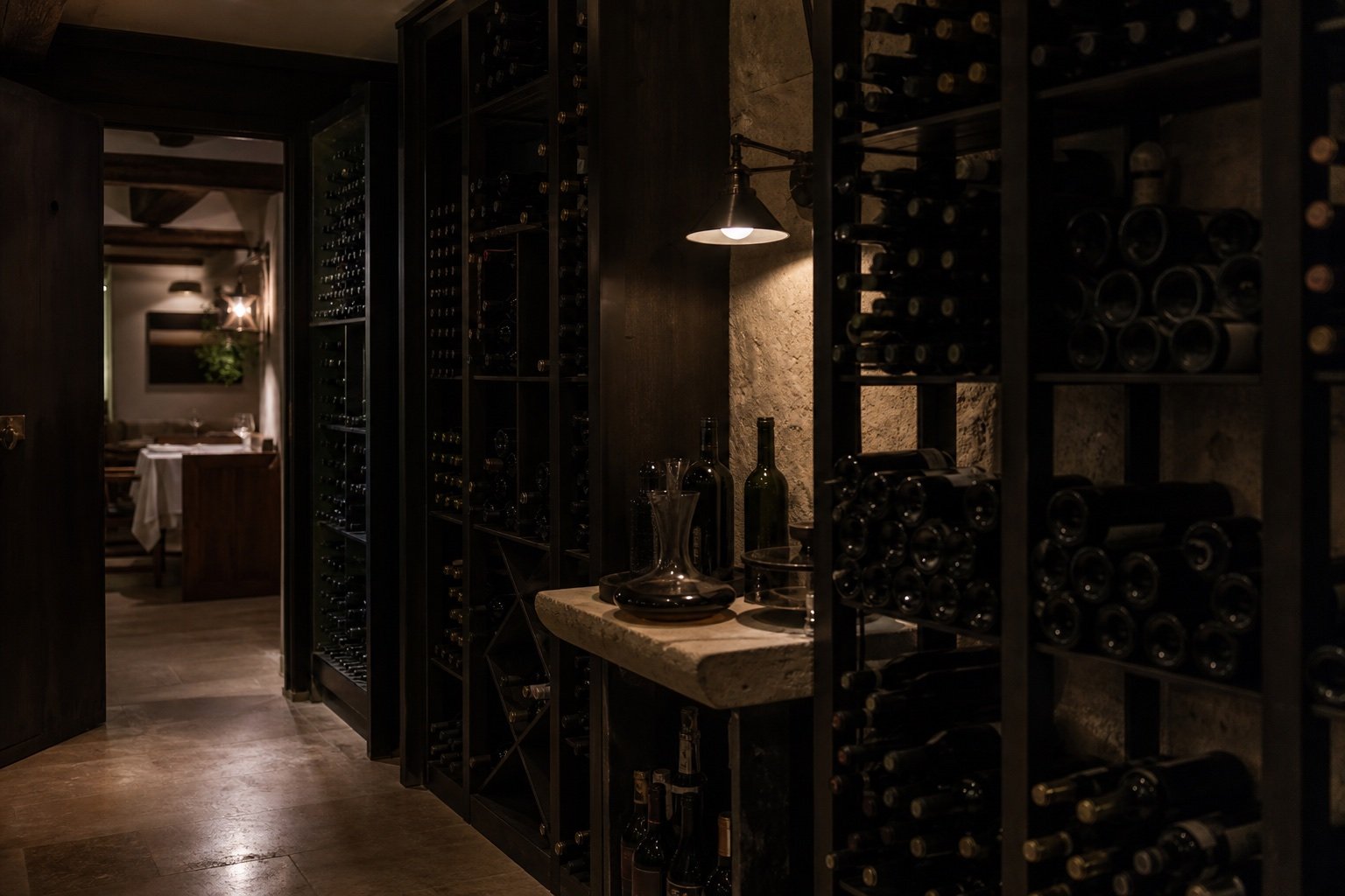An intimate restaurant wine cellar with dark timber racks and warm low lighting